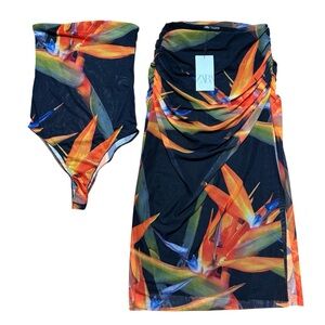 Zara Bird Of Paradise Mesh Tulle Bodysuit & High Waisted Ruched Skirt NWT Sz M